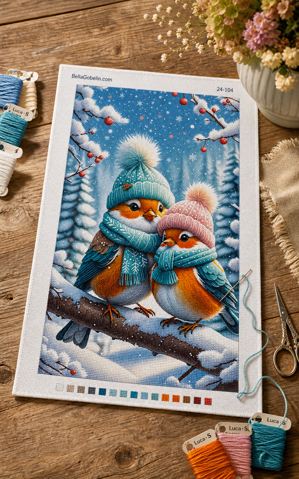 Little birds in a scarf and hat