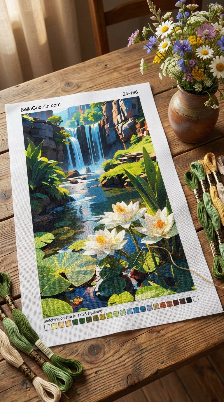 Waterfall with water lilies