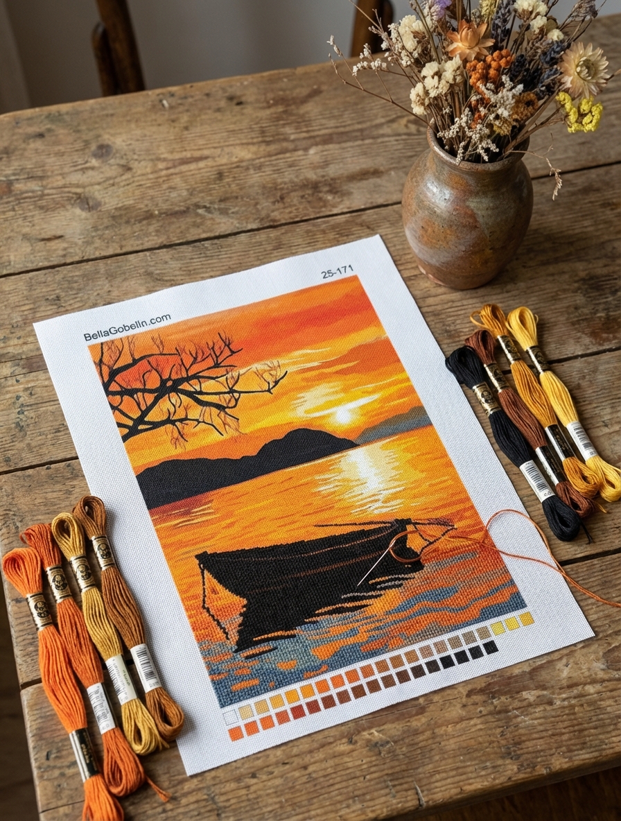 Lonely boat at sunset