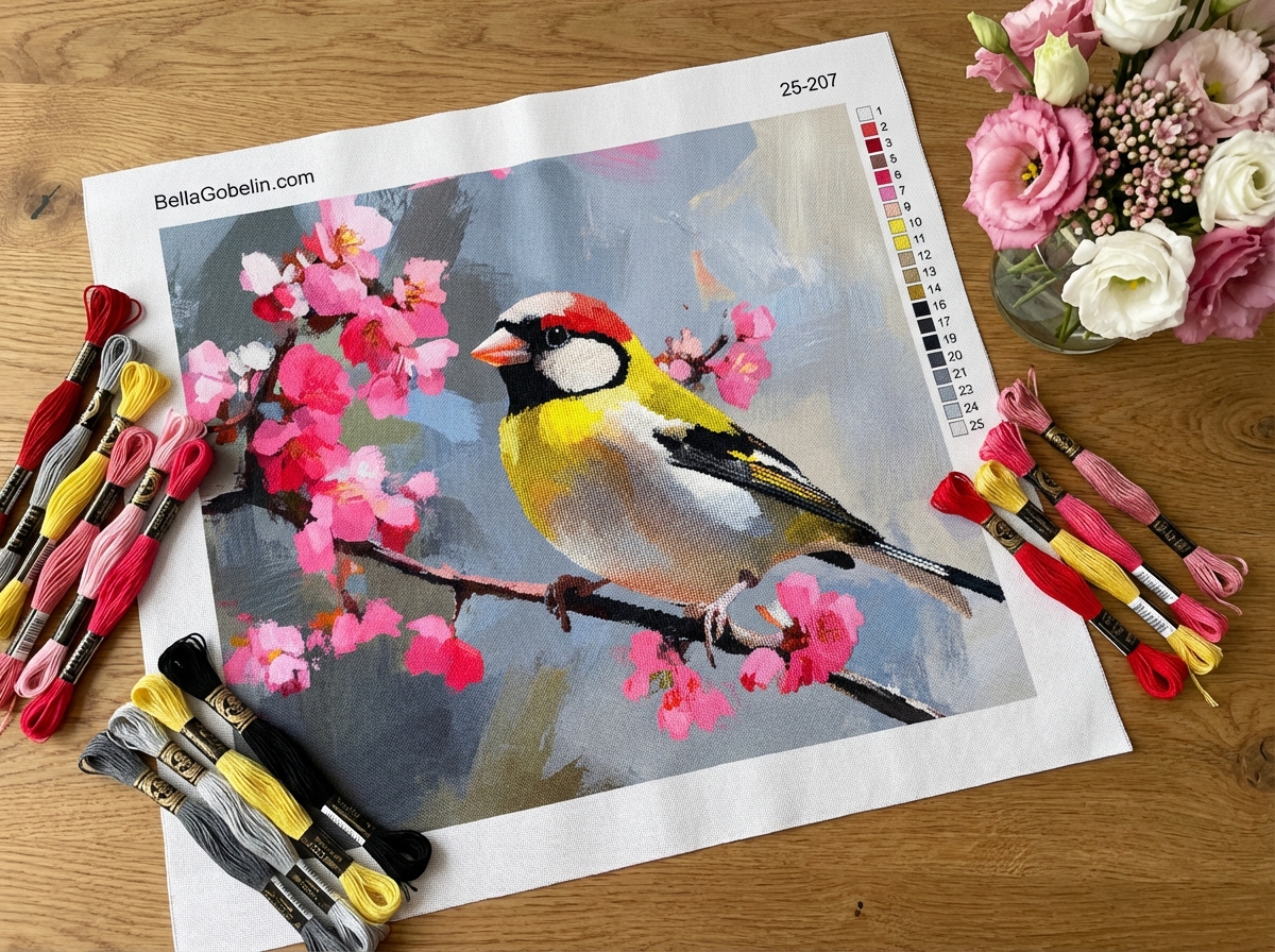 A goldfinch on the cherry tree