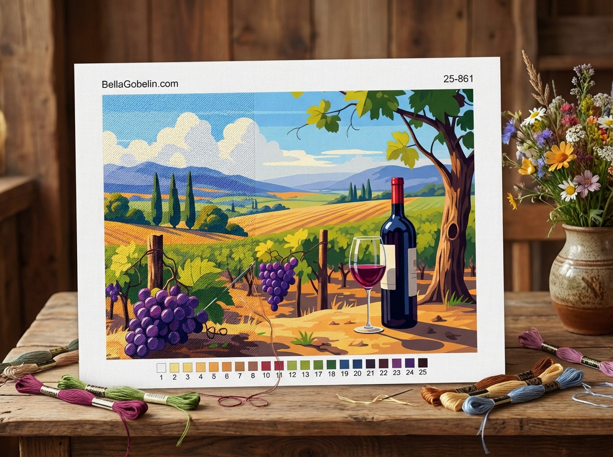An Italian vineyard landscape in Tuscany with a tapestry needlepoint design