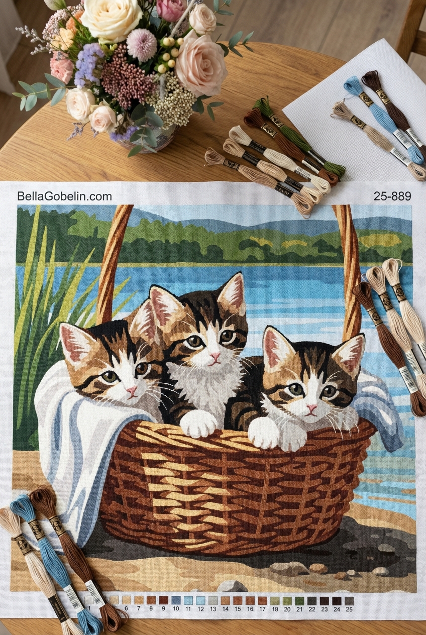 Kittens in a basket - needlepoint tapestry