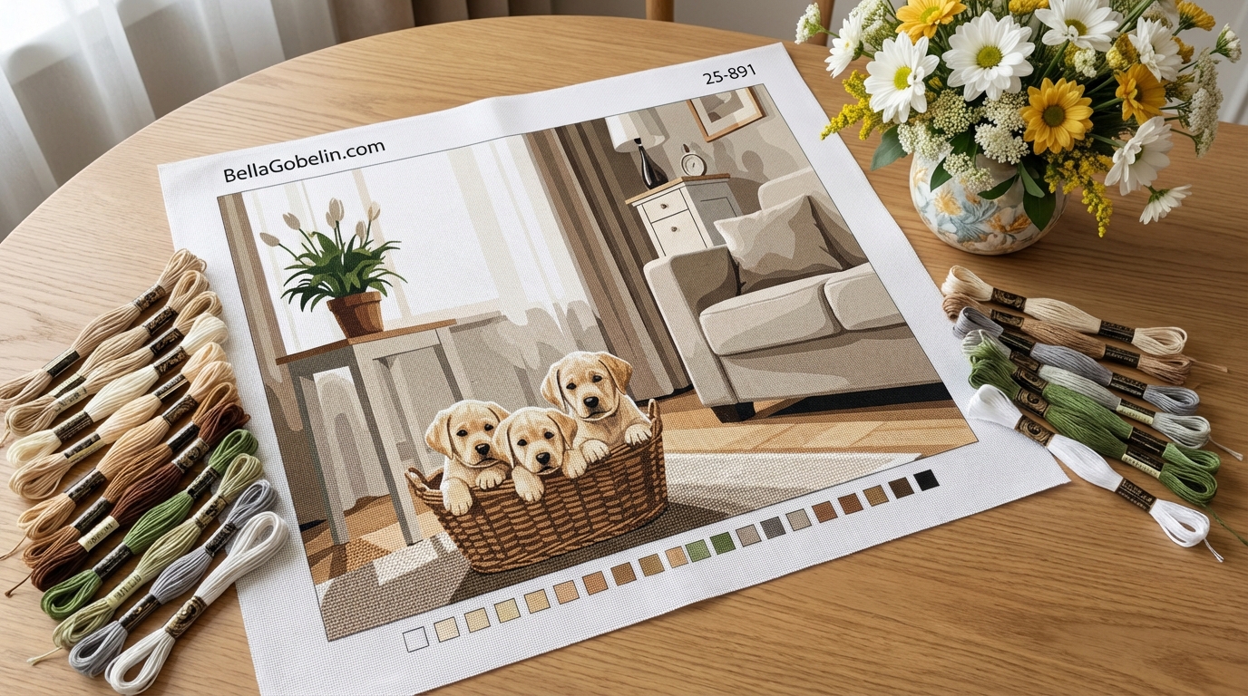 Labrador puppy in a basket