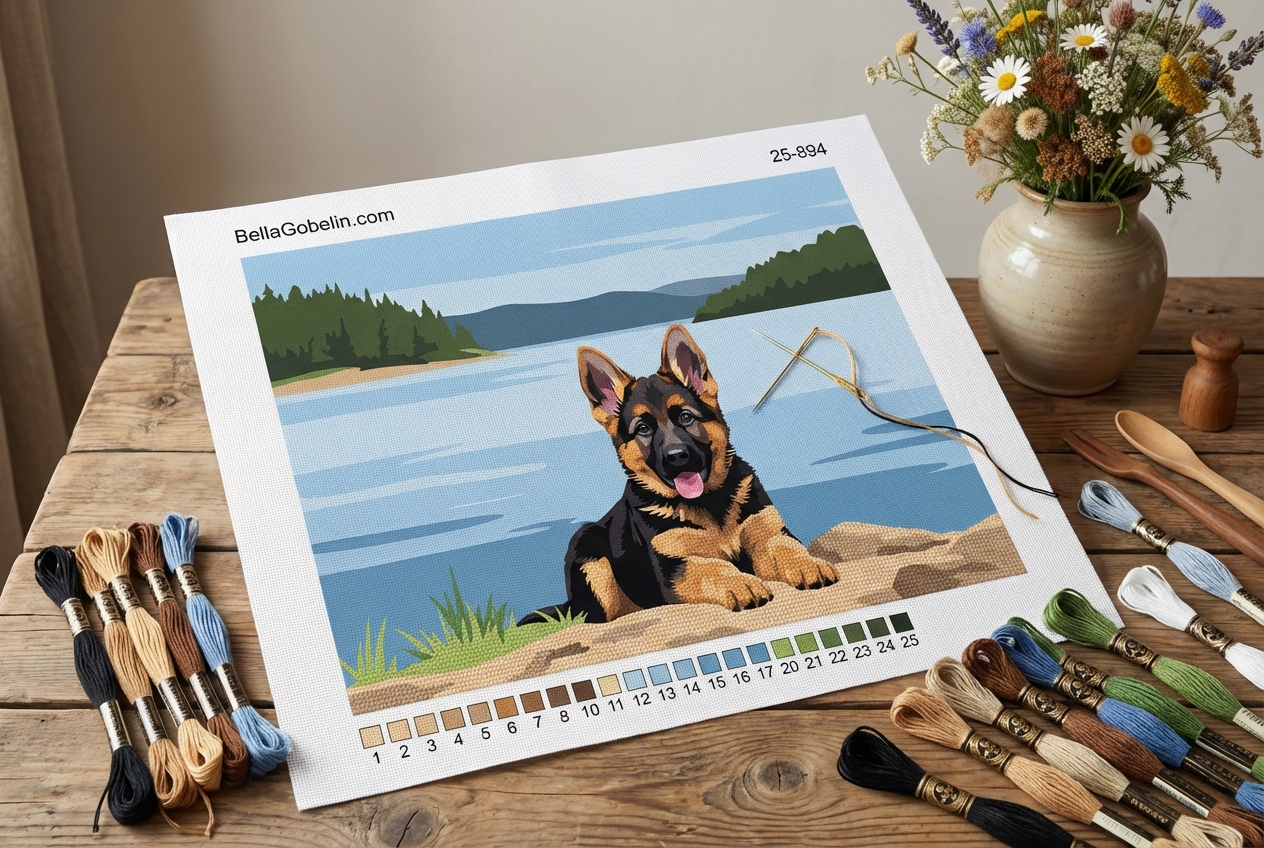 Dog portrait - German Shepherd puppy by the pond