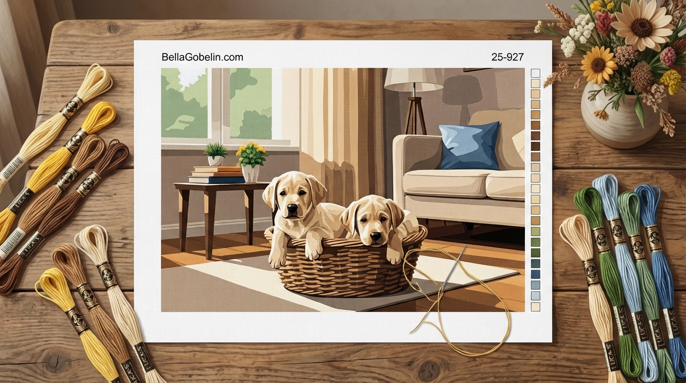 Labrador puppies in the living room