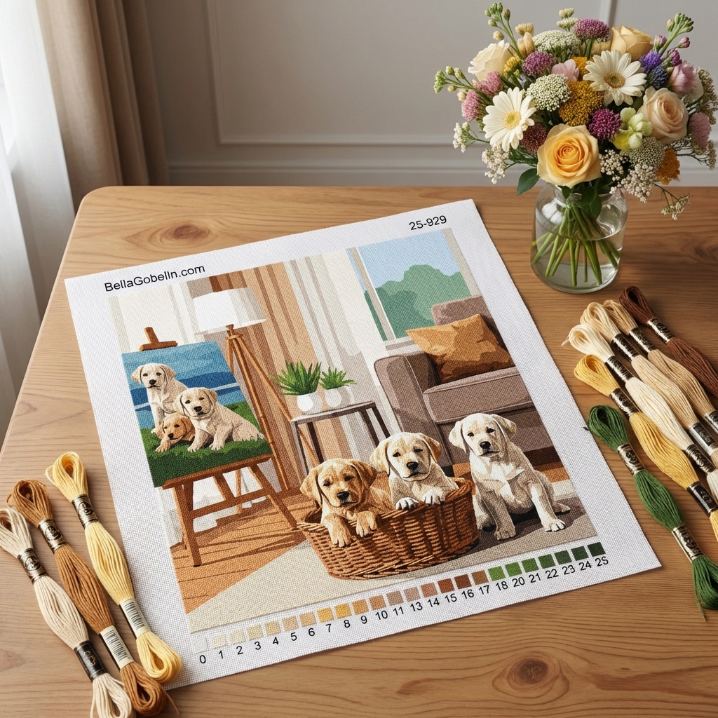 Labrador puppies in the living room