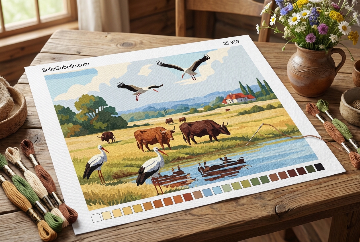 Oxen and storks at the lake