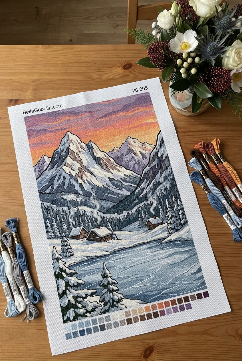 Mountain village by the frozen lake