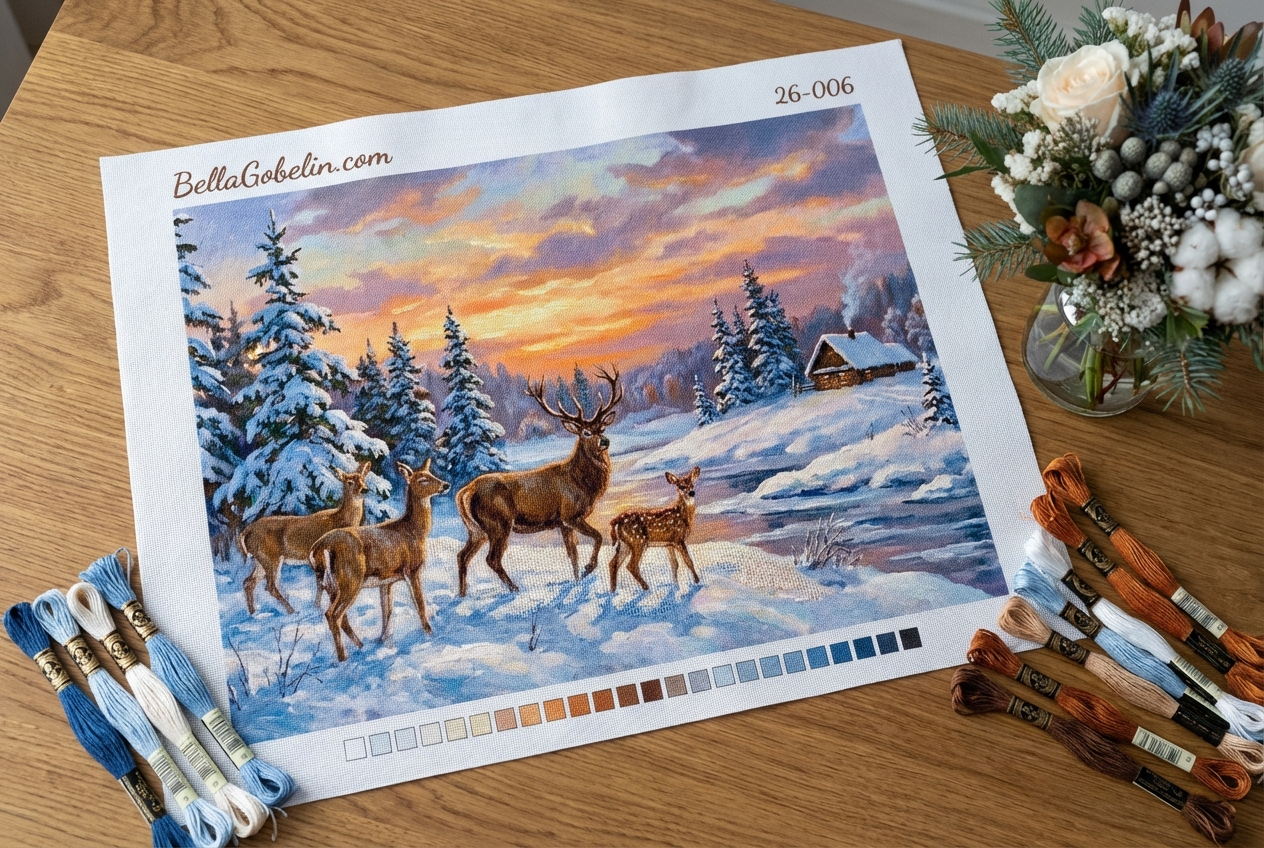 Deer in winter by the forest cabin