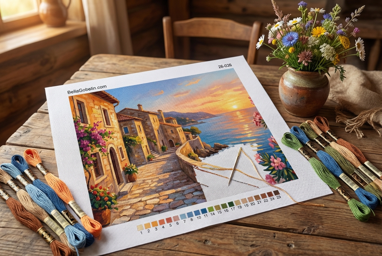 An Italian fishing village at sunset with a needlepoint tapestry