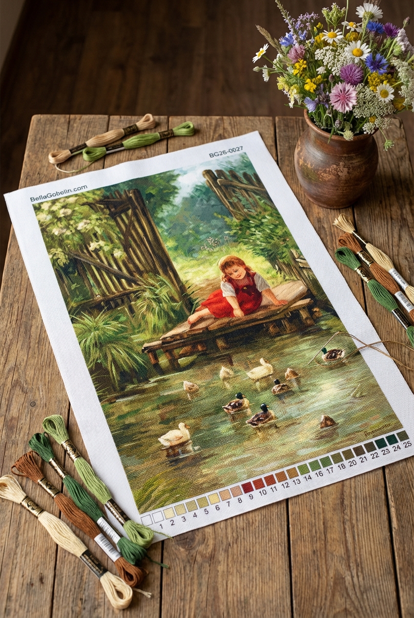Little girl with ducks by the lake, featuring a needlepoint tapestry design