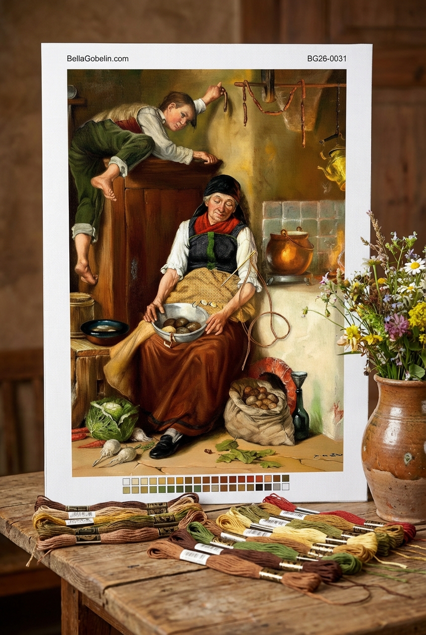 Rustic kitchen scene with a needlepoint tapestry