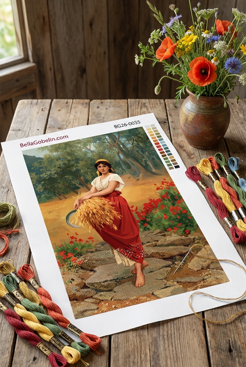 Reaping girl in a landscape - Tapestry or Needlepoint