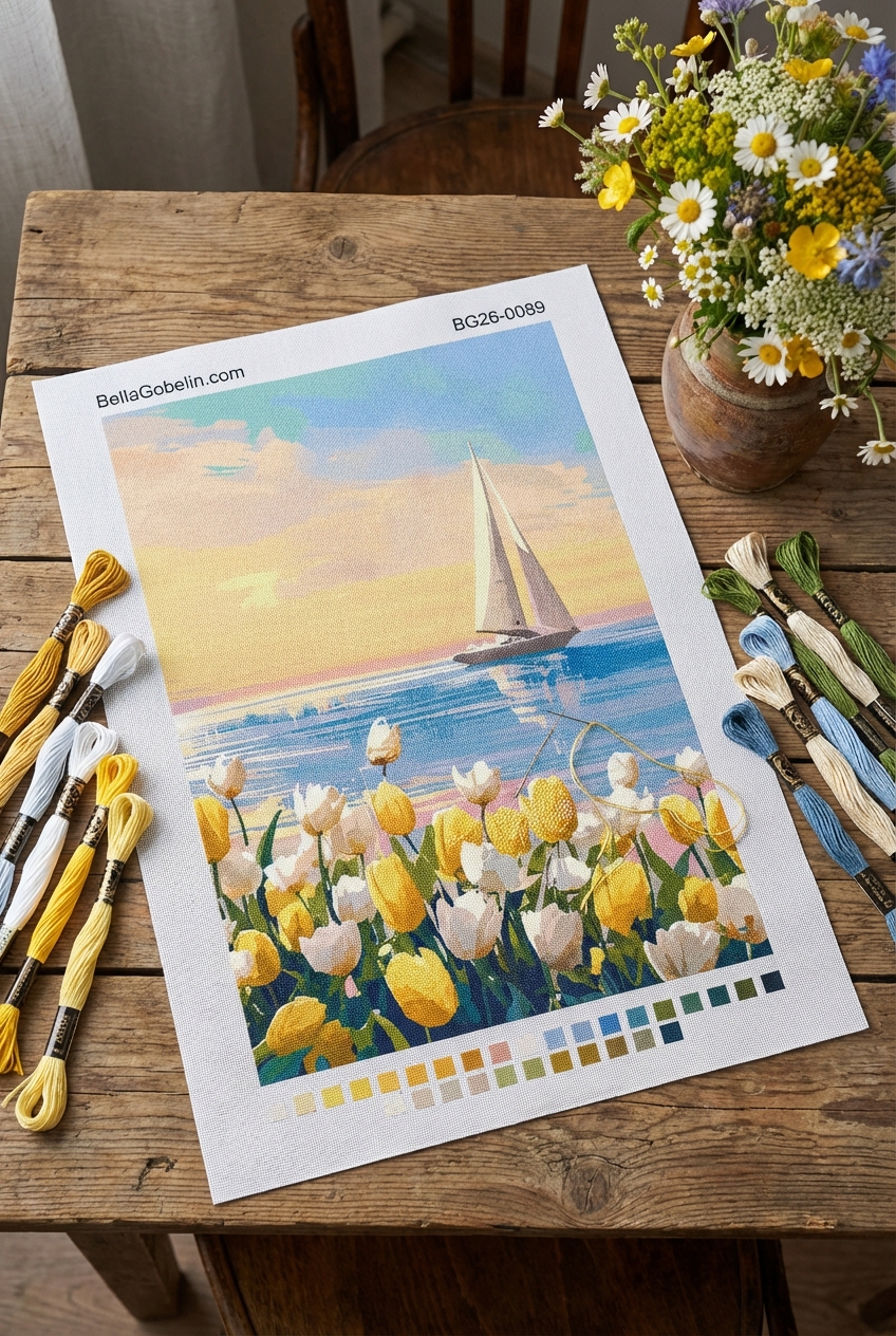Sailing with tulips in needlepoint