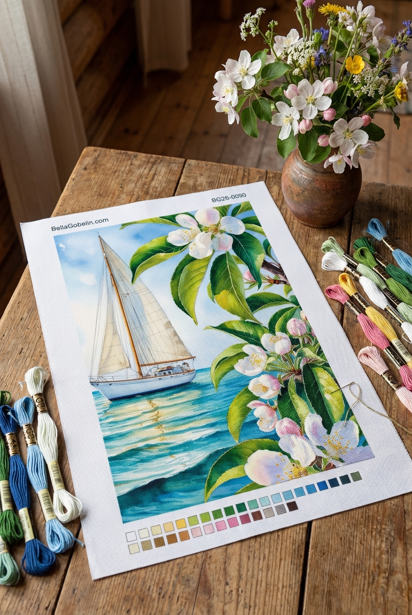 Sailing boat with floral patterns and a seaside landscape