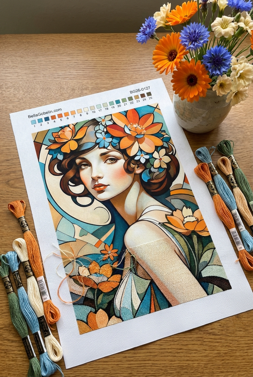 Portrait in the style of Alphonse Mucha, featuring a needlepoint tapestry.