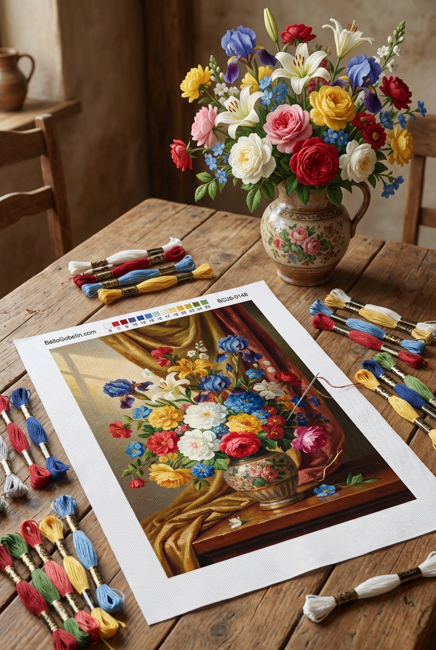 Still life with flowers and drapery