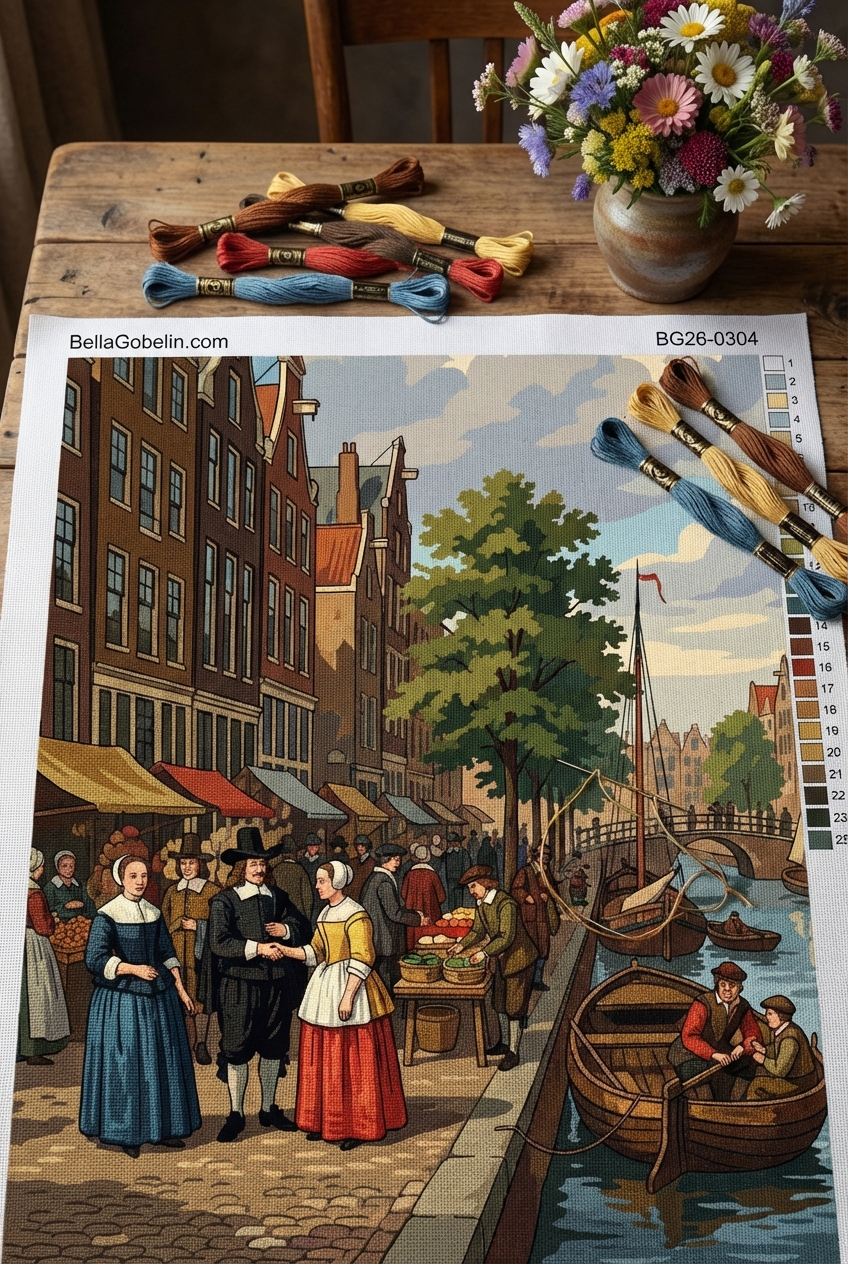 Dutch cityscape in needlepoint