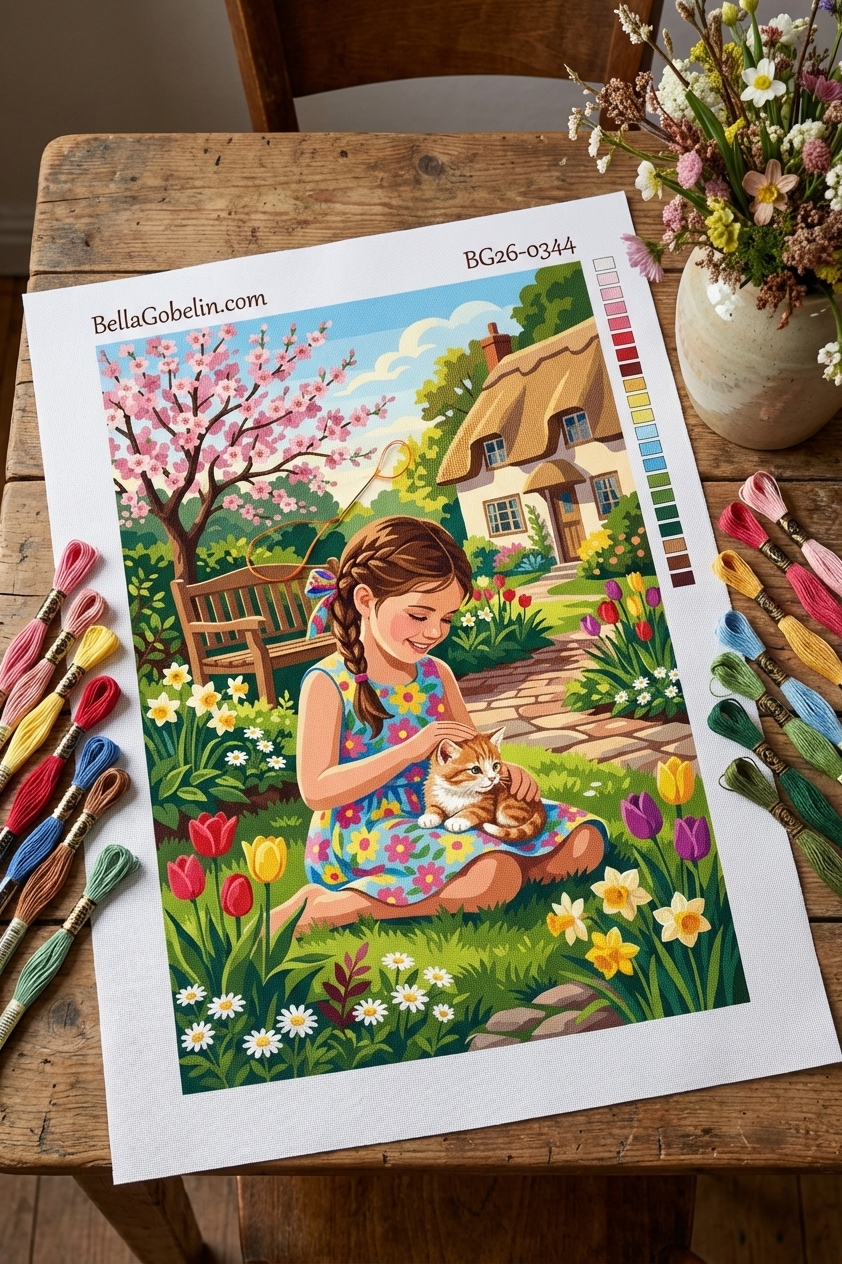 Girl with cat in flower garden