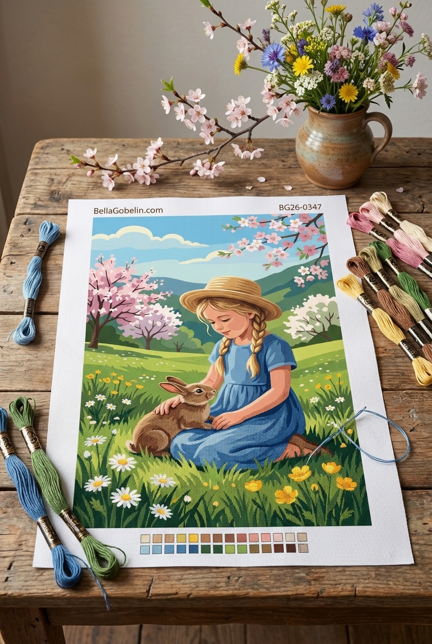 Girl with bunny in a spring meadow