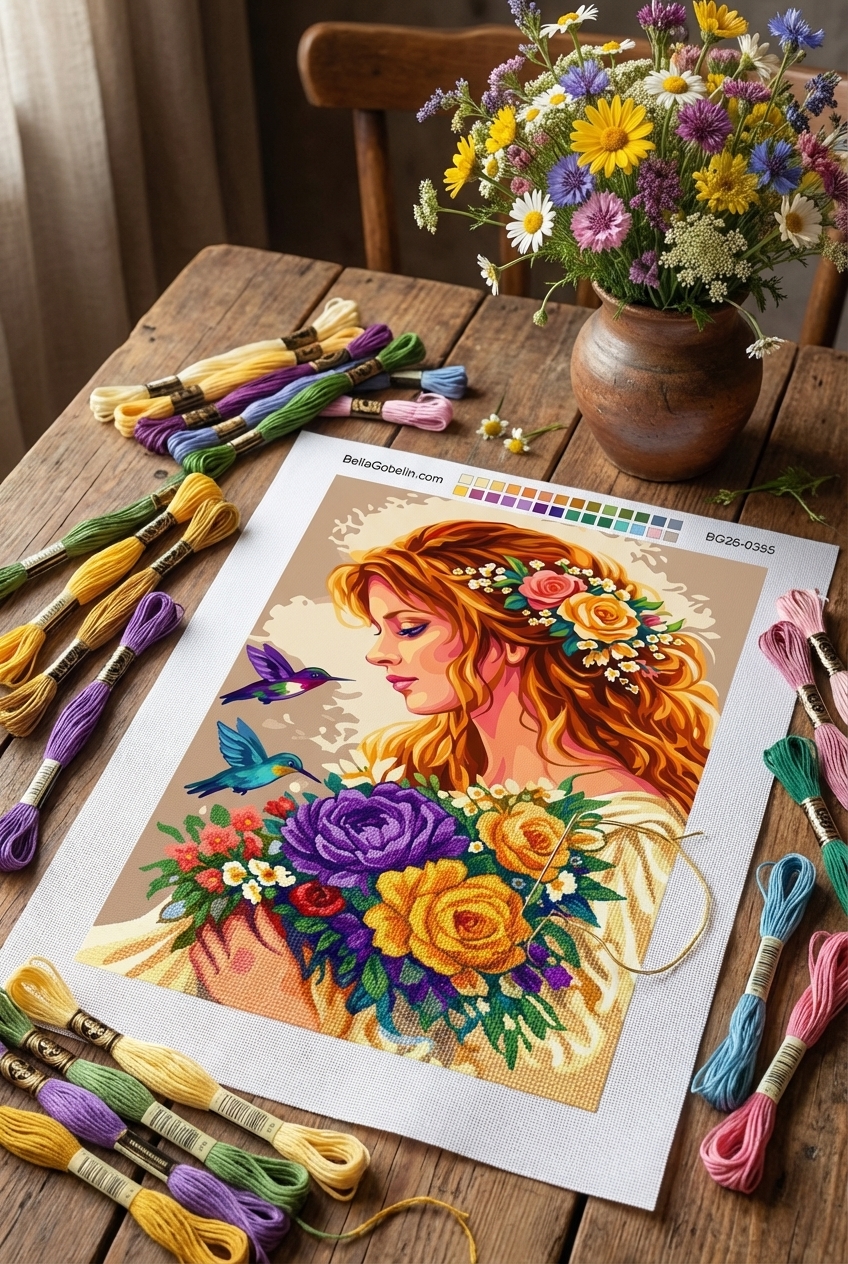 Lady with bouquet and hummingbirds