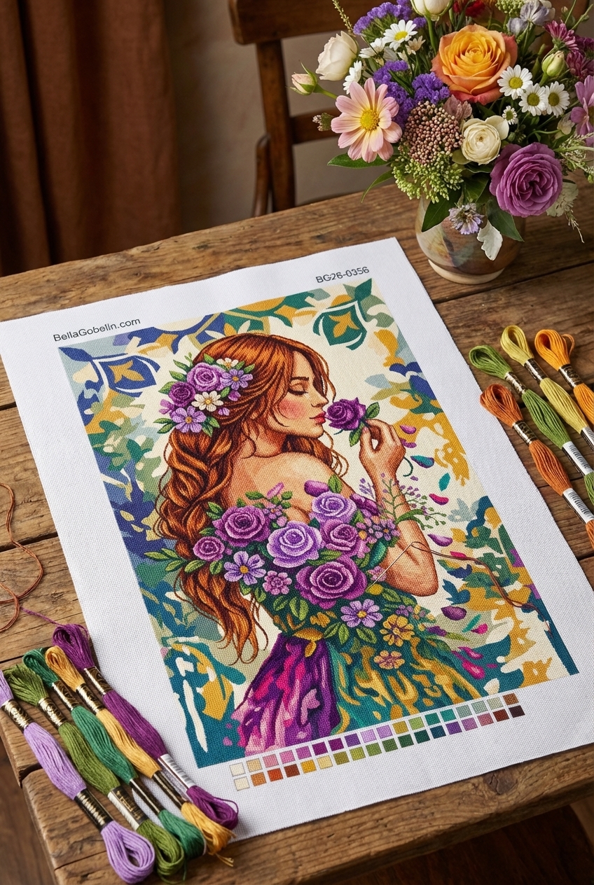 Lady with purple roses