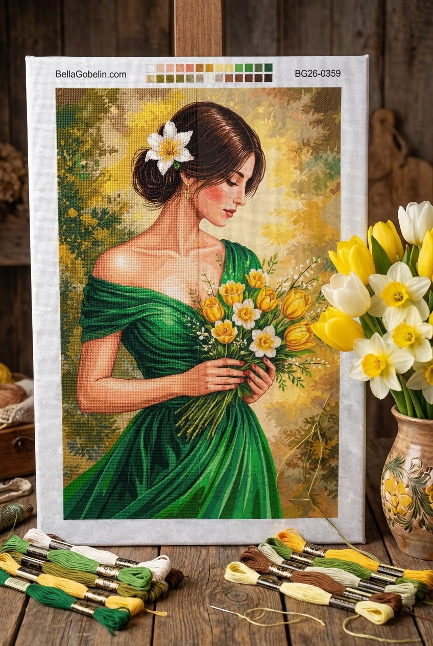 Lady in a green dress with a bouquet of yellow flowers