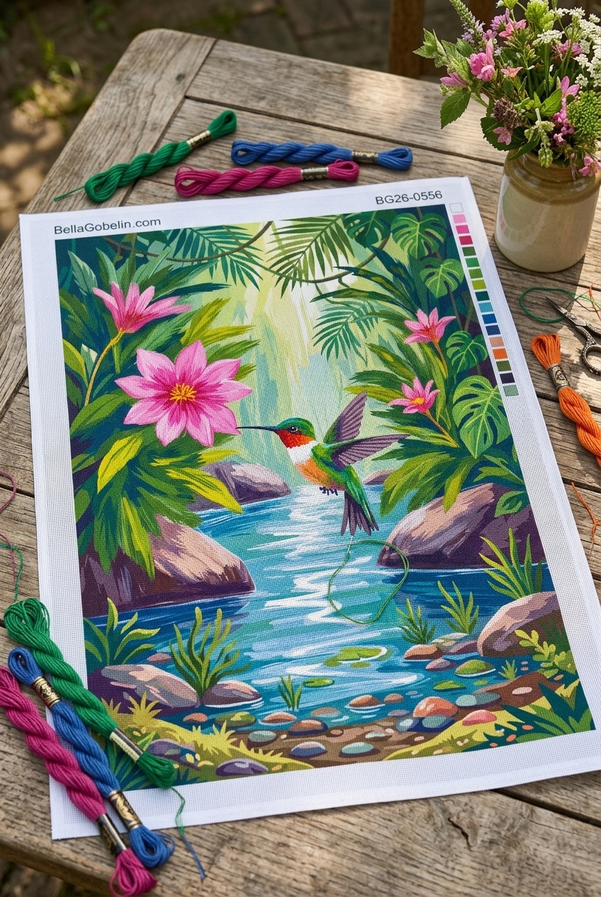 Hummingbird by the tropical stream