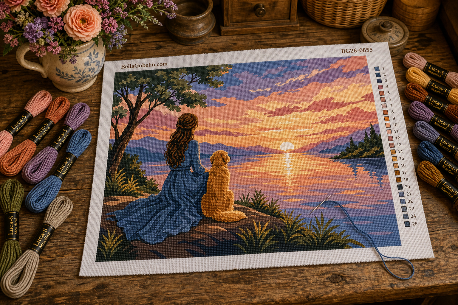 Lakeside sunset needlepoint pattern