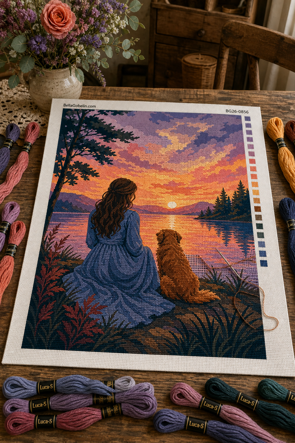 Lakeside sunset needlepoint pattern