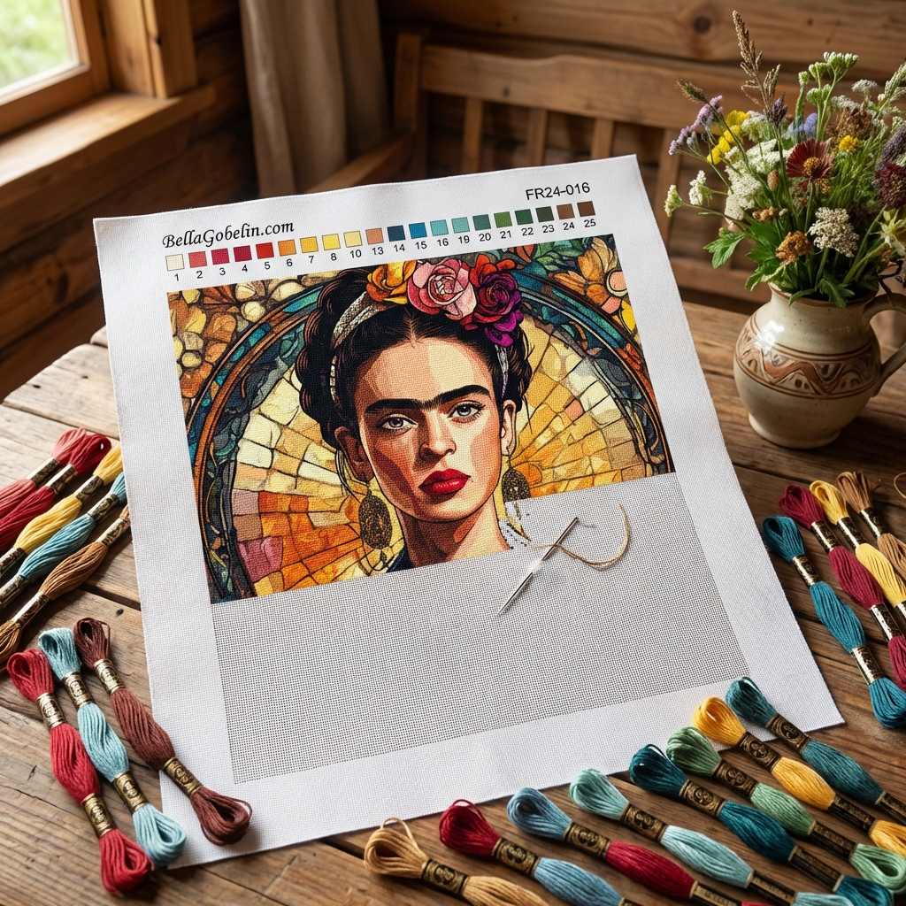 Frida Kahlo portrait in the style of Alphonse Mucha.