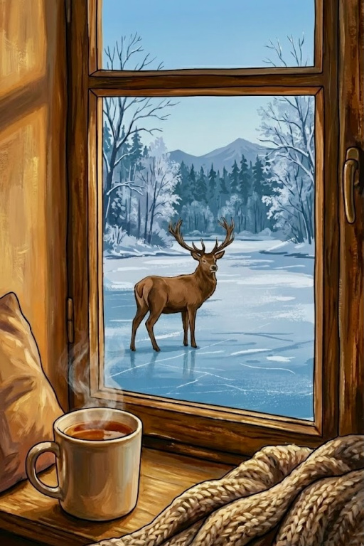 Inside warm, outside cold, a painting with a deer.