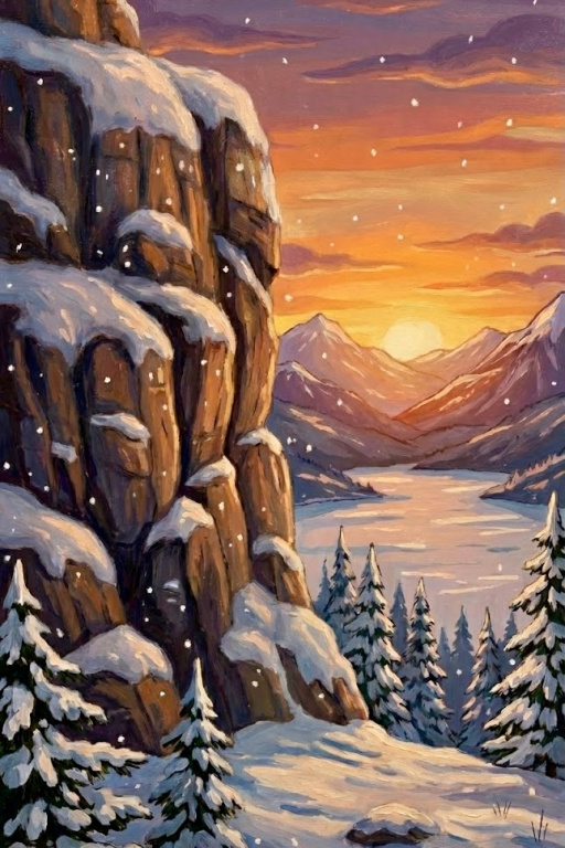 Sunset at the frozen lake