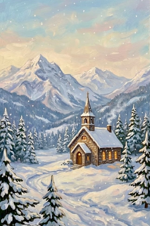 Winter scene at the Eredi Church with a tapestry embroidery