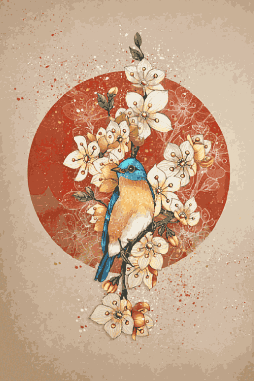 Blue small bird with flowers