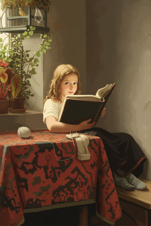 Reading girl with a birdcage