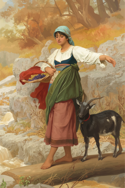 Girl with a goat by the stream