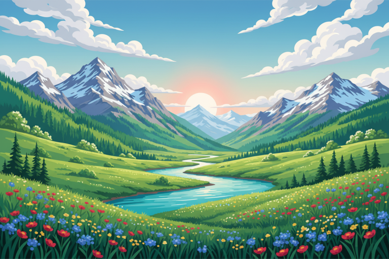 Flowering mountain landscape tapestry