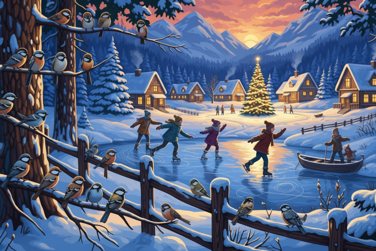 Winter ice skating with birds