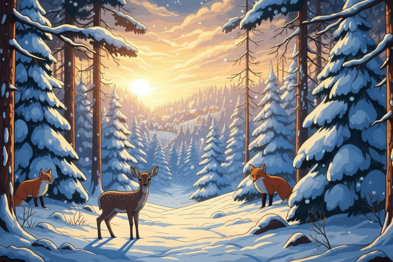 Winter forest with animals