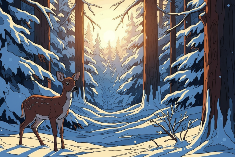 Winter forest with a roe deer