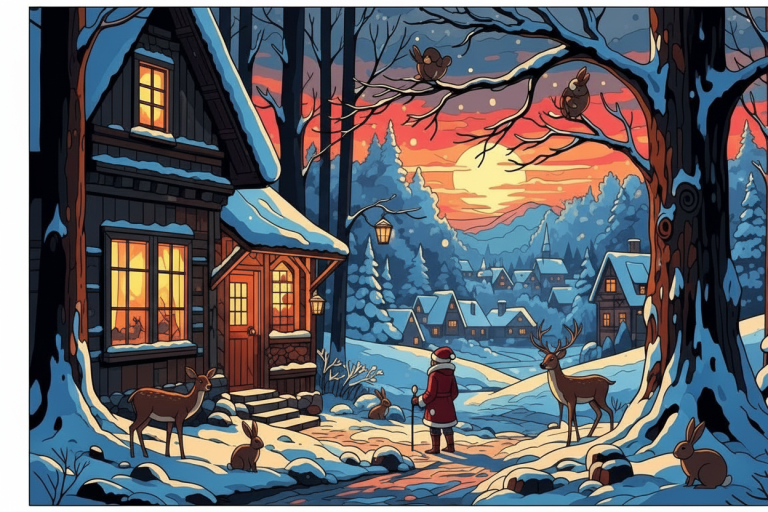 Winter landscape with Santa Claus, needlepoint tapestry