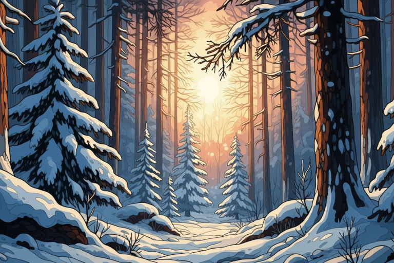 Winter forest with sunlight