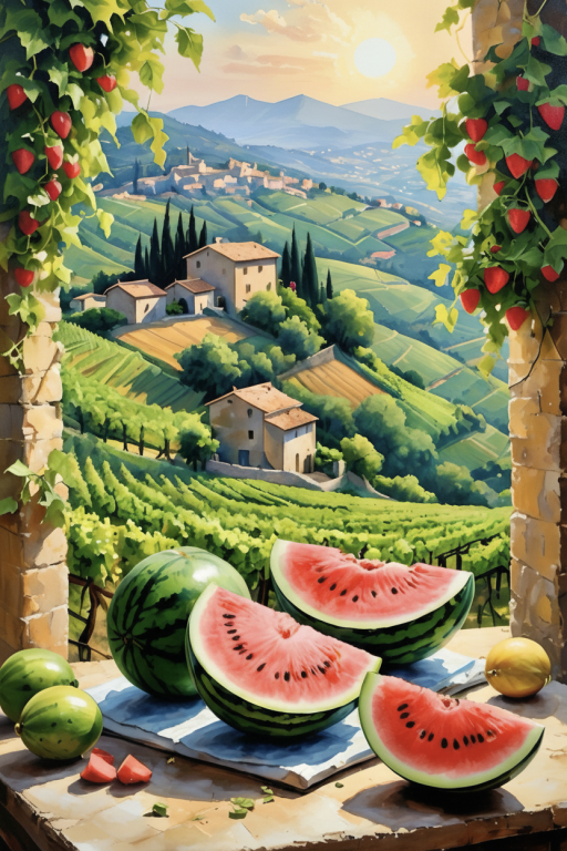 Tuscan landscape with a melon tapestry