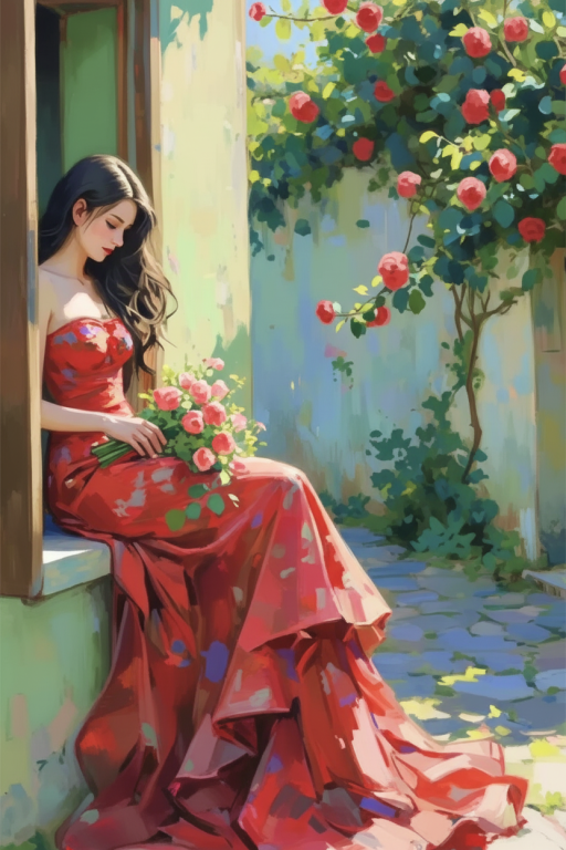 Woman with flowers at the window