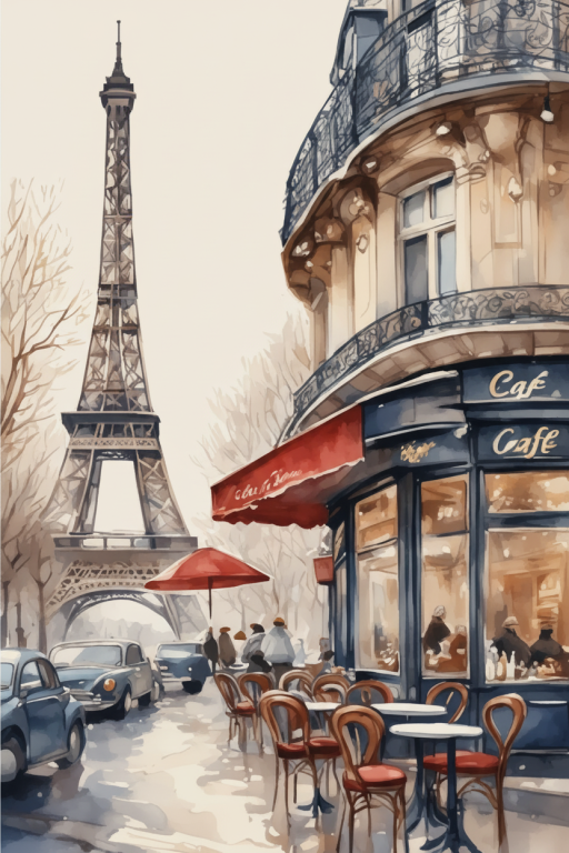 Parisian café with the Eiffel Tower, featuring a needlepoint tapestry