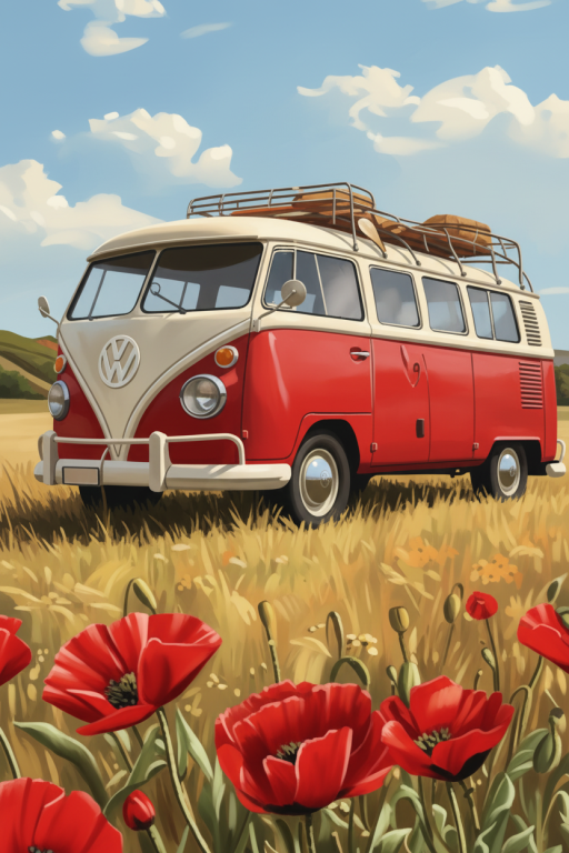 VW bus in a poppy field