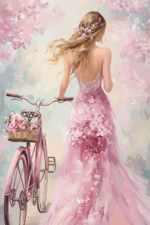 A girl with flowers riding a bicycle, depicted in a needlepoint tapestry.