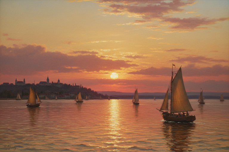 Dubovszkoj - Sunset with Sailing Boats replica