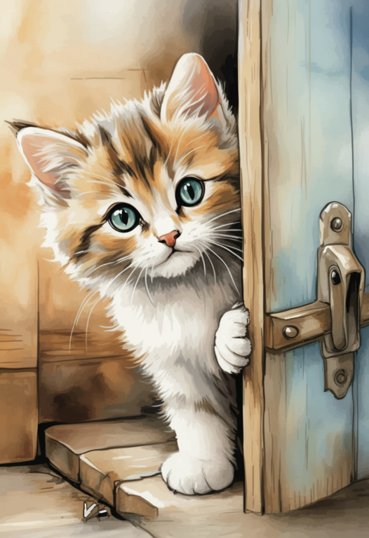 Kitten at the door on a tapestry or needlepoint